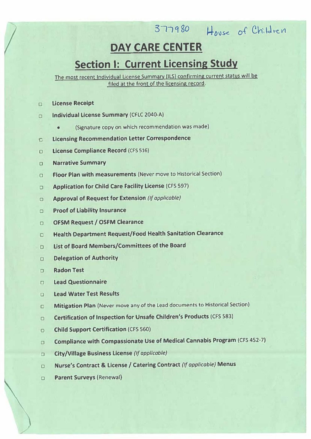 Licensing study folder cover sheet listing 24 required documents