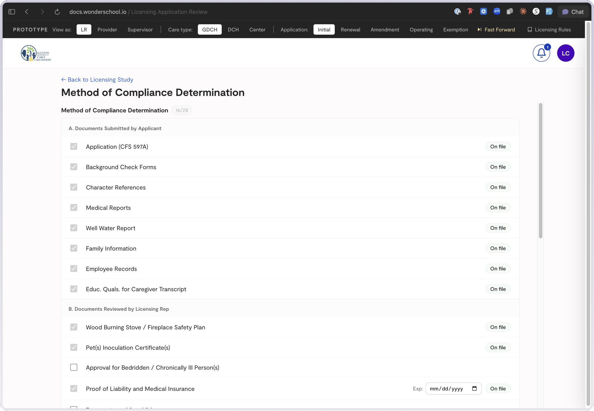 Method of Compliance Determination screen