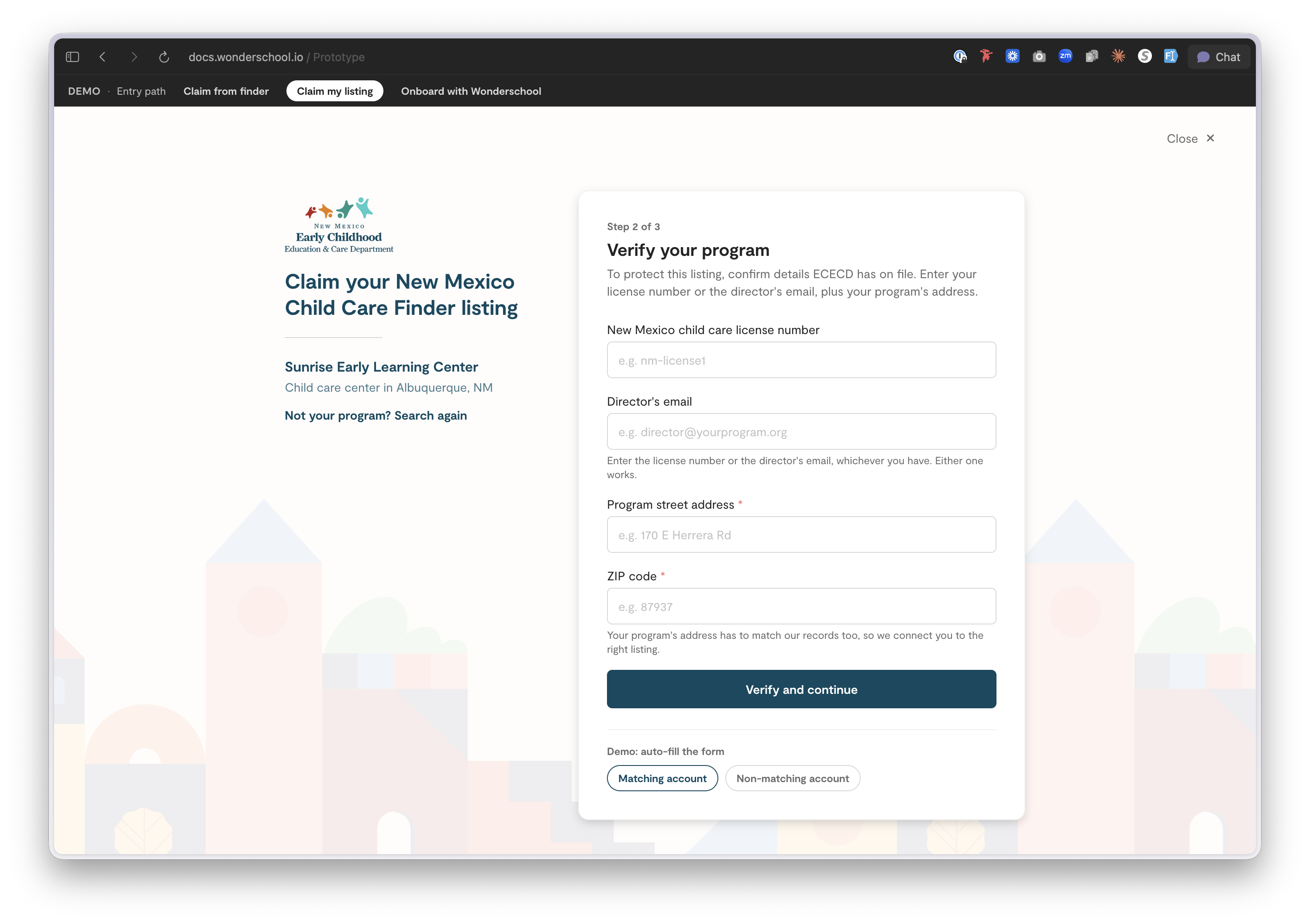 Find your program step of the claim flow, co-branded with the New Mexico Early Childhood logo