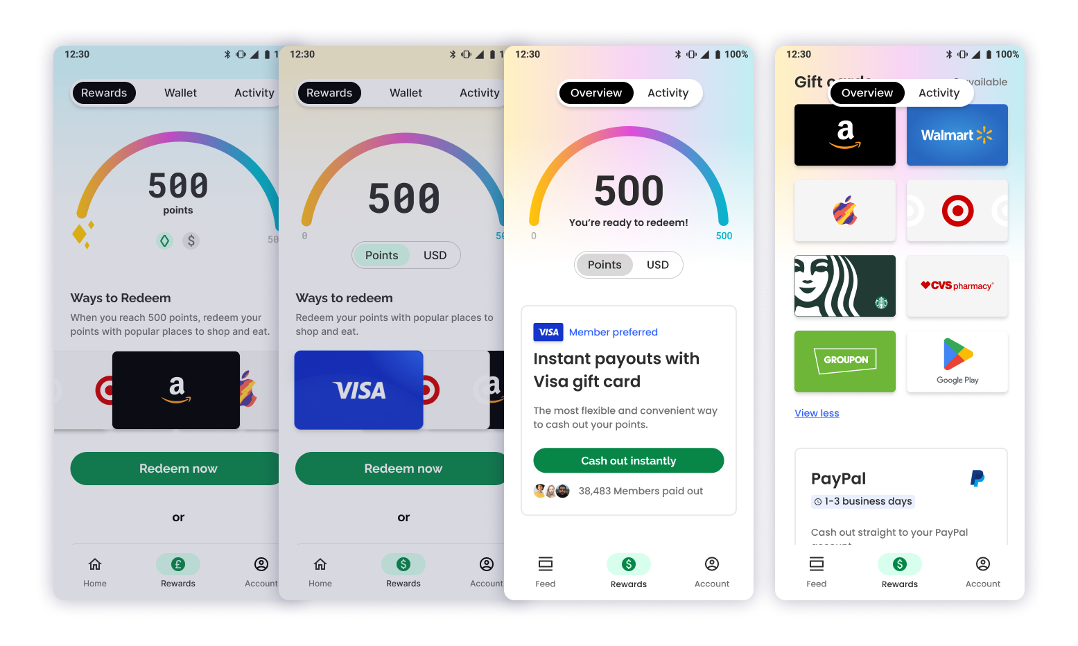 Design evolution of the rewards page across iterations